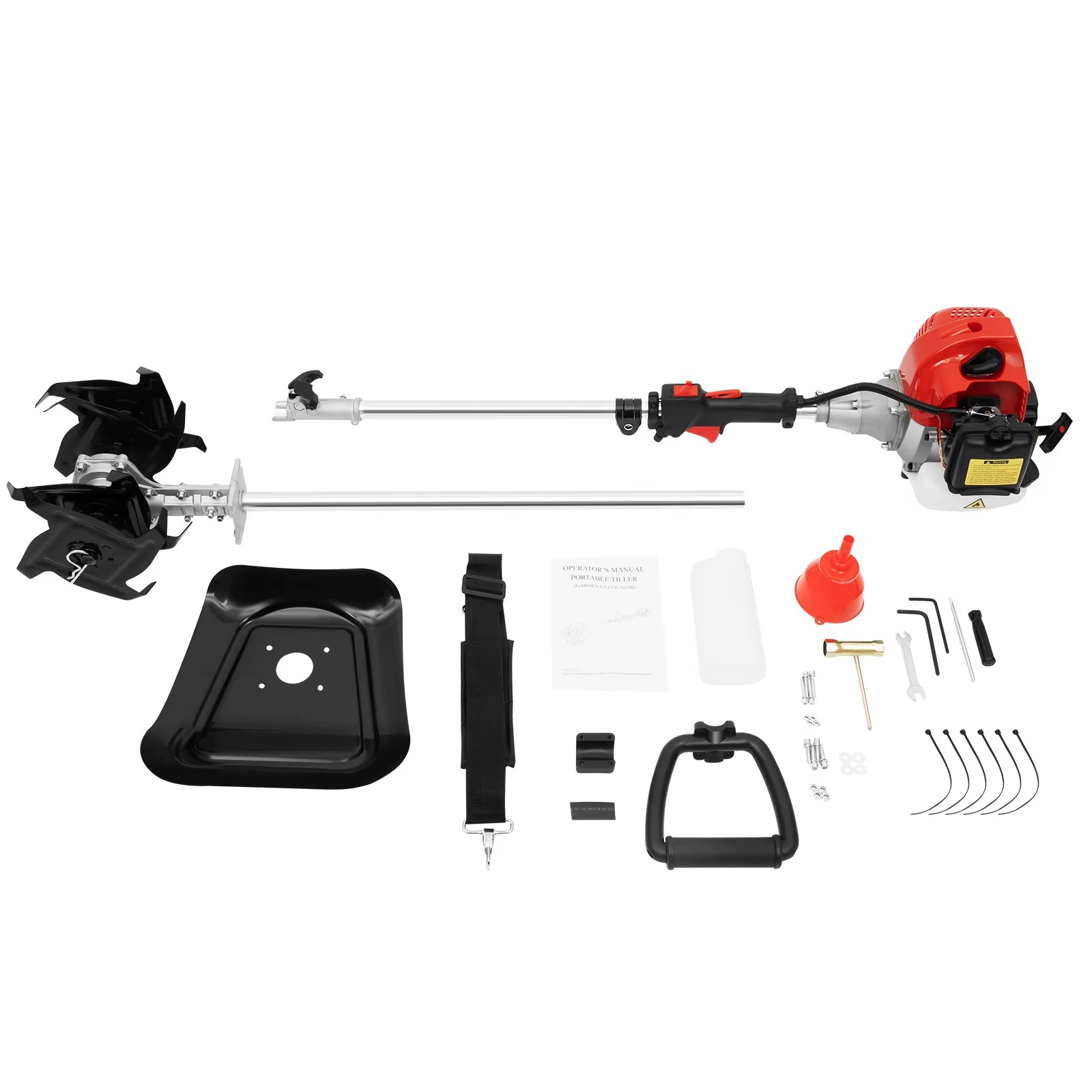 Magazaw gas-powered garden tiller with various accessories for effective soil cultivation