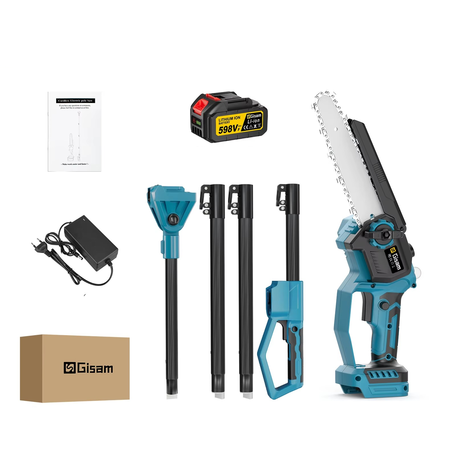 Gisam brushless pole chainsaw with battery, charger, and extension poles for effortless tree trimming