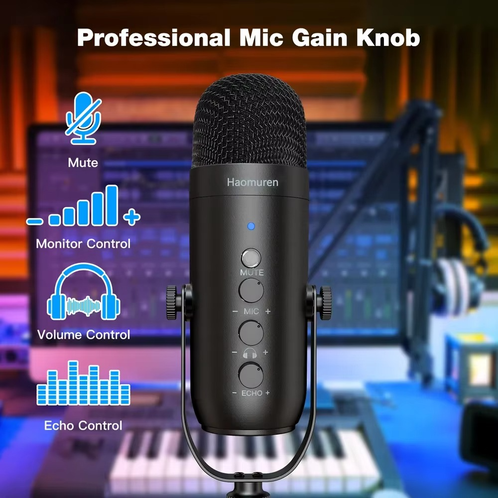 Magazaw streaming studio microphone with gain knob, mute, volume, and echo controls for clear audio recording