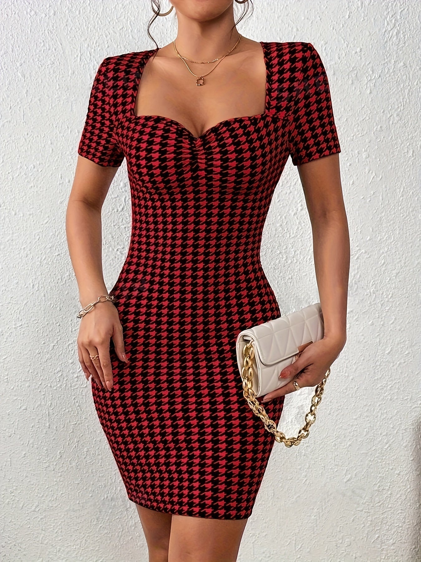 Voocci™ heart-shaped neckline dress in black and red houndstooth pattern for a stylish look