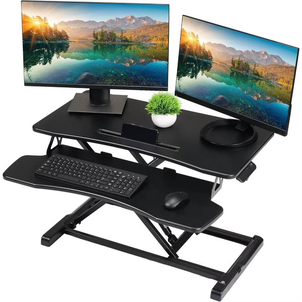 Magazaw height adjustable desk converter with dual monitor setup and keyboard tray for ergonomic workspace