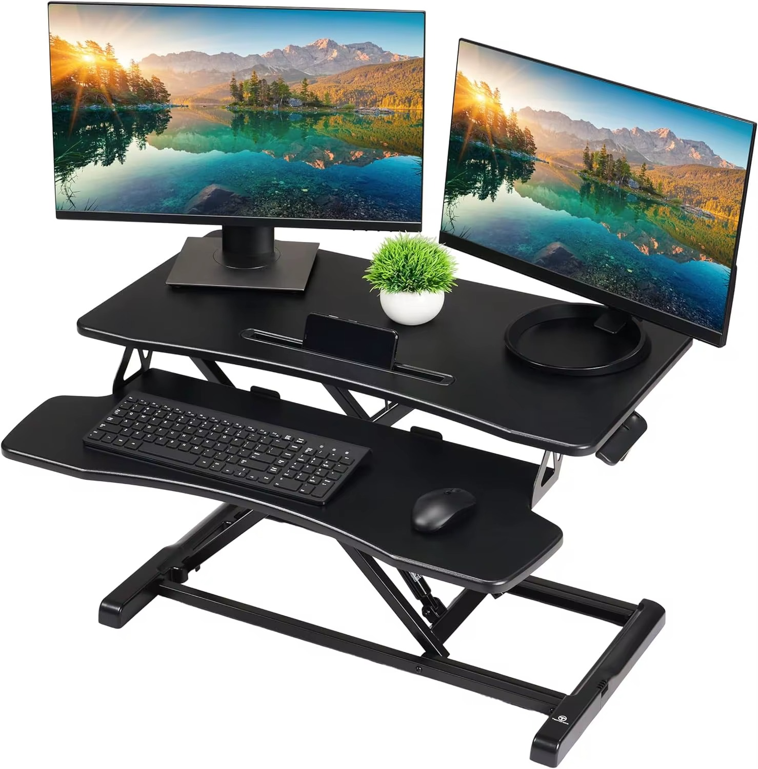 Magazaw height adjustable desk converter with dual monitor setup and ergonomic keyboard tray