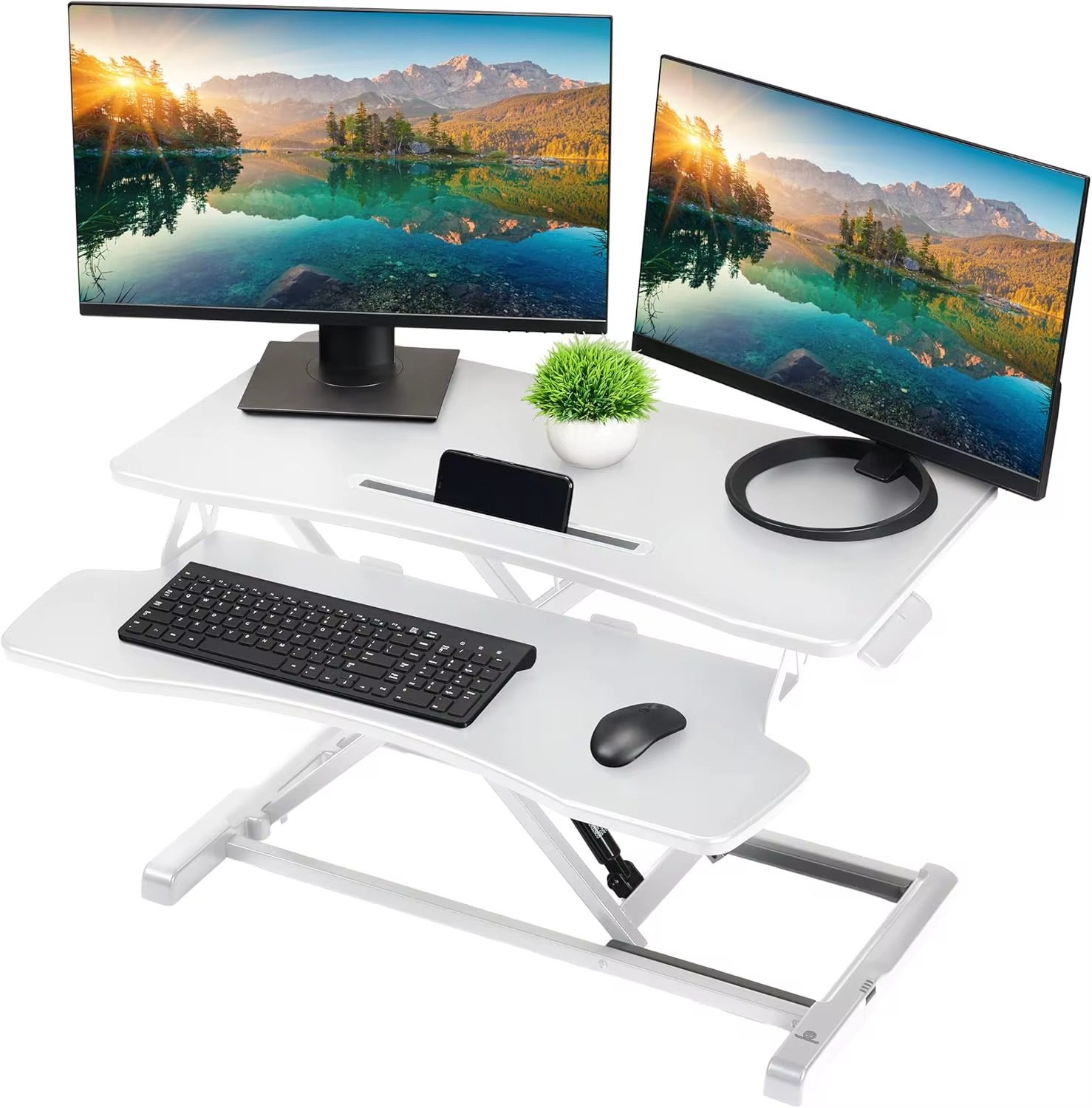 Magazaw height adjustable desk converter with two monitors, keyboard, and mouse for ergonomic work setup