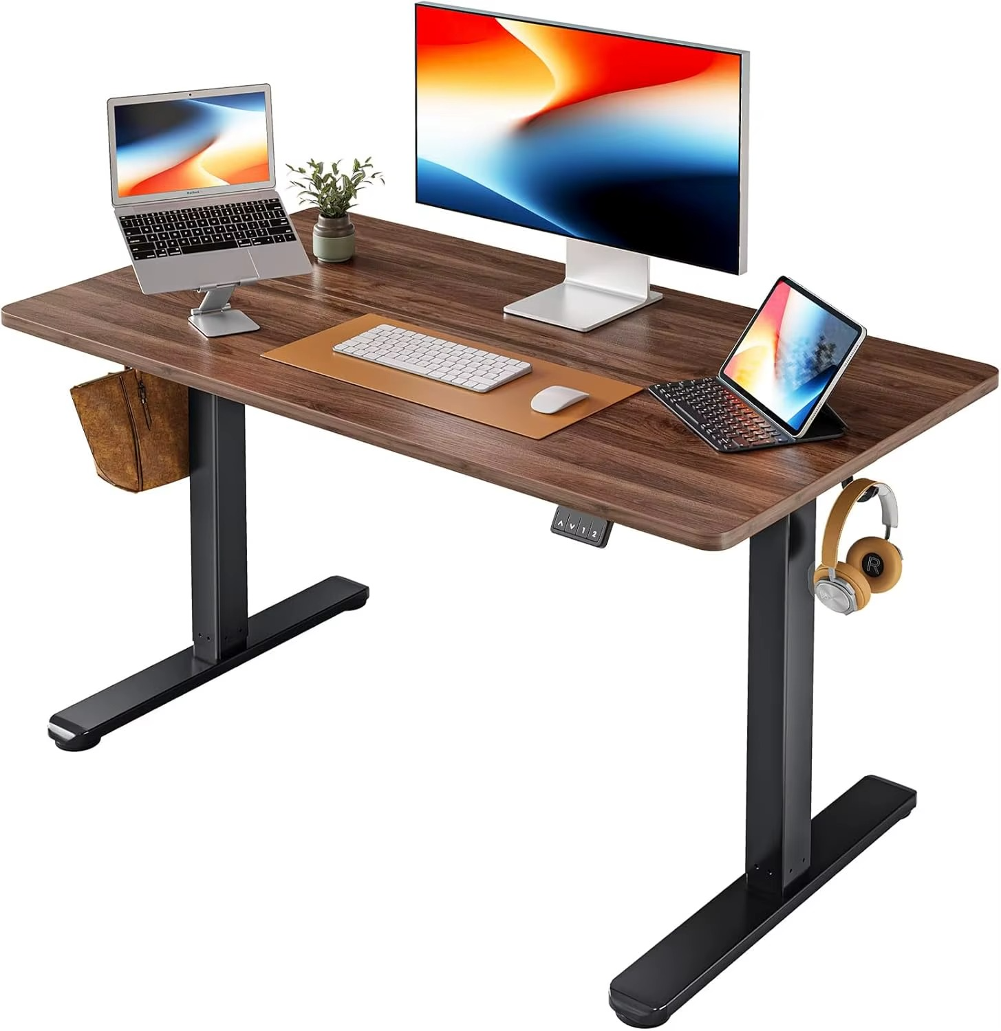 Magazaw height adjustable standing desk with a wooden top and dual monitors for a productive workspace