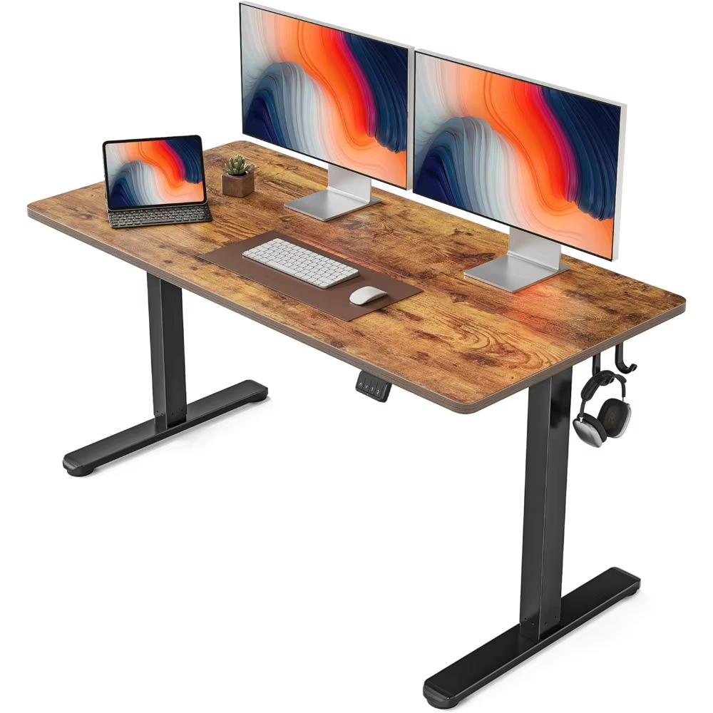 Magazaw height adjustable standing desk with dual monitors and laptop on a stylish wooden surface