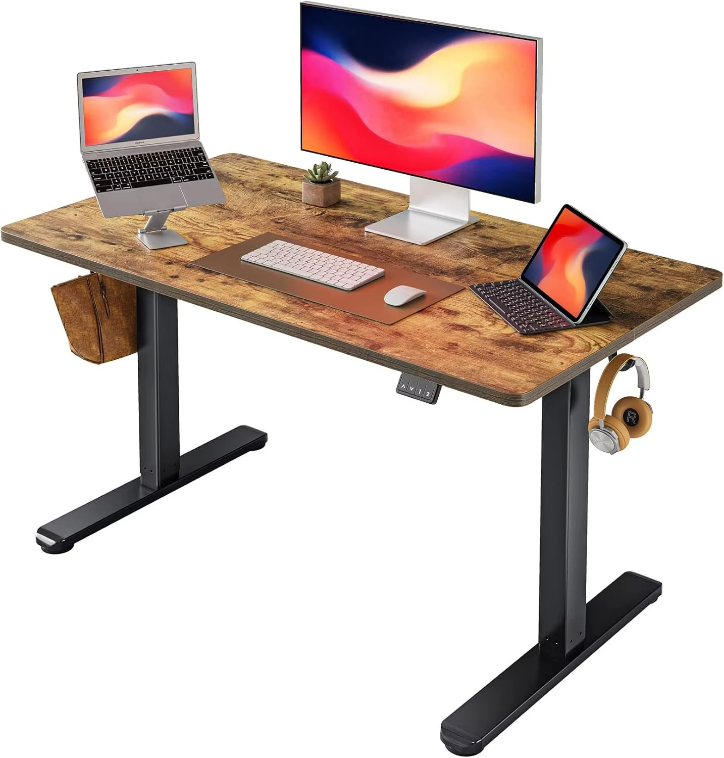 Magazaw height adjustable standing desk with wood finish and space for multiple devices