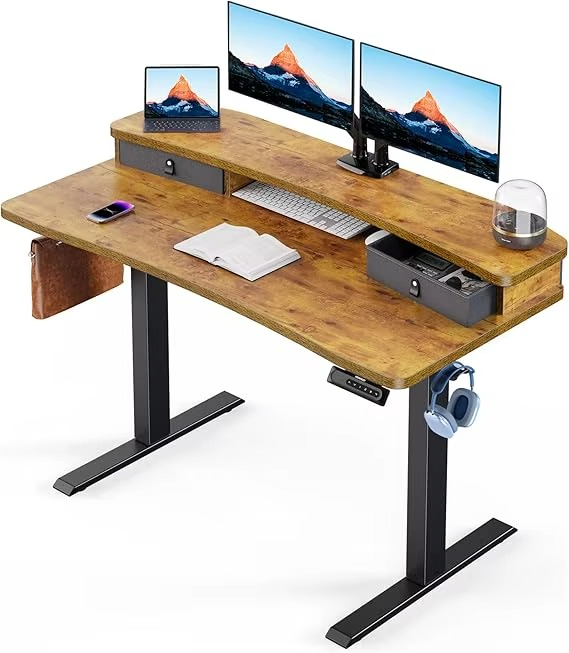 Magazaw adjustable standing desk with drawers featuring a sleek design and dual monitor setup