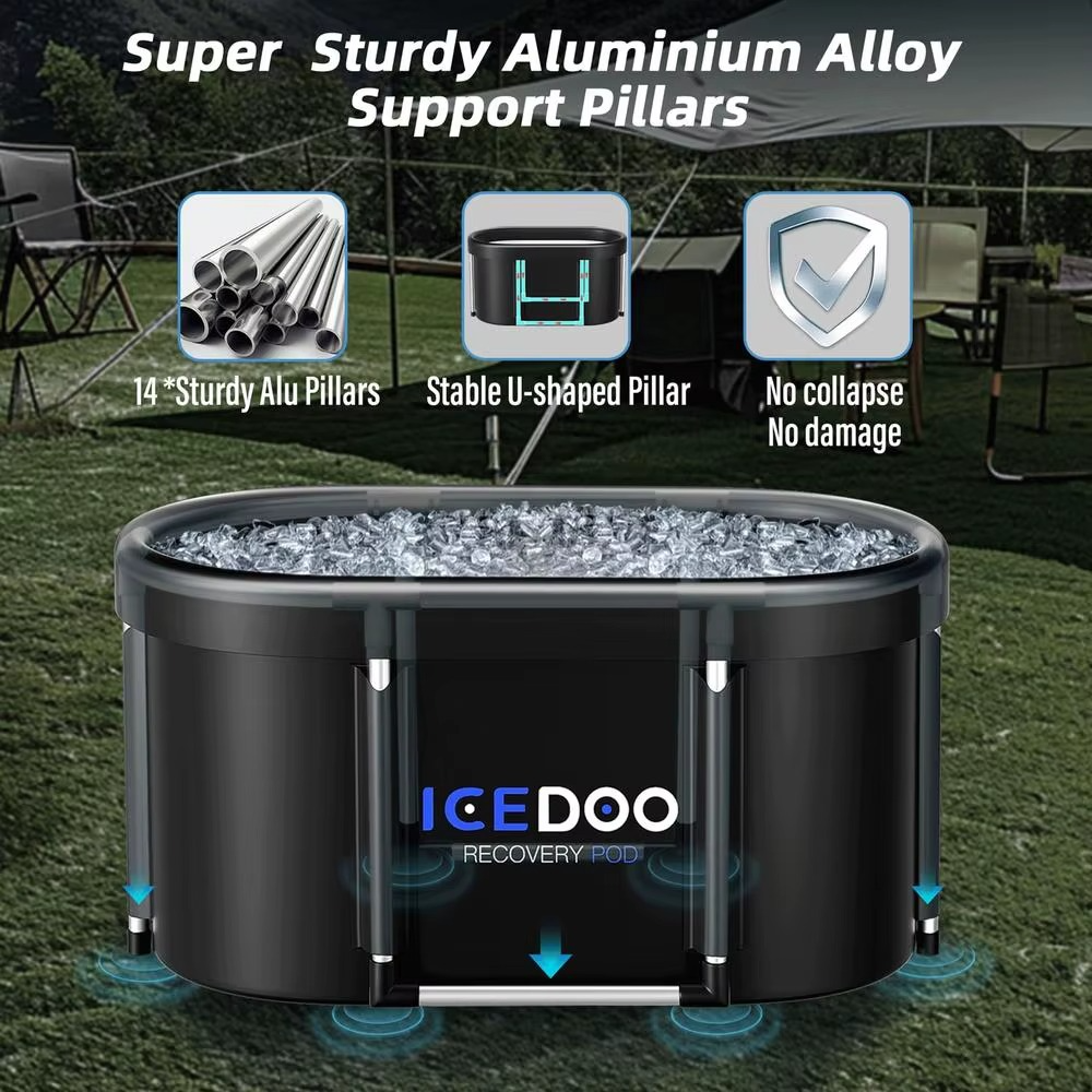 Large oval ice bath tub by Magazaw with sturdy aluminum alloy support pillars for enhanced stability