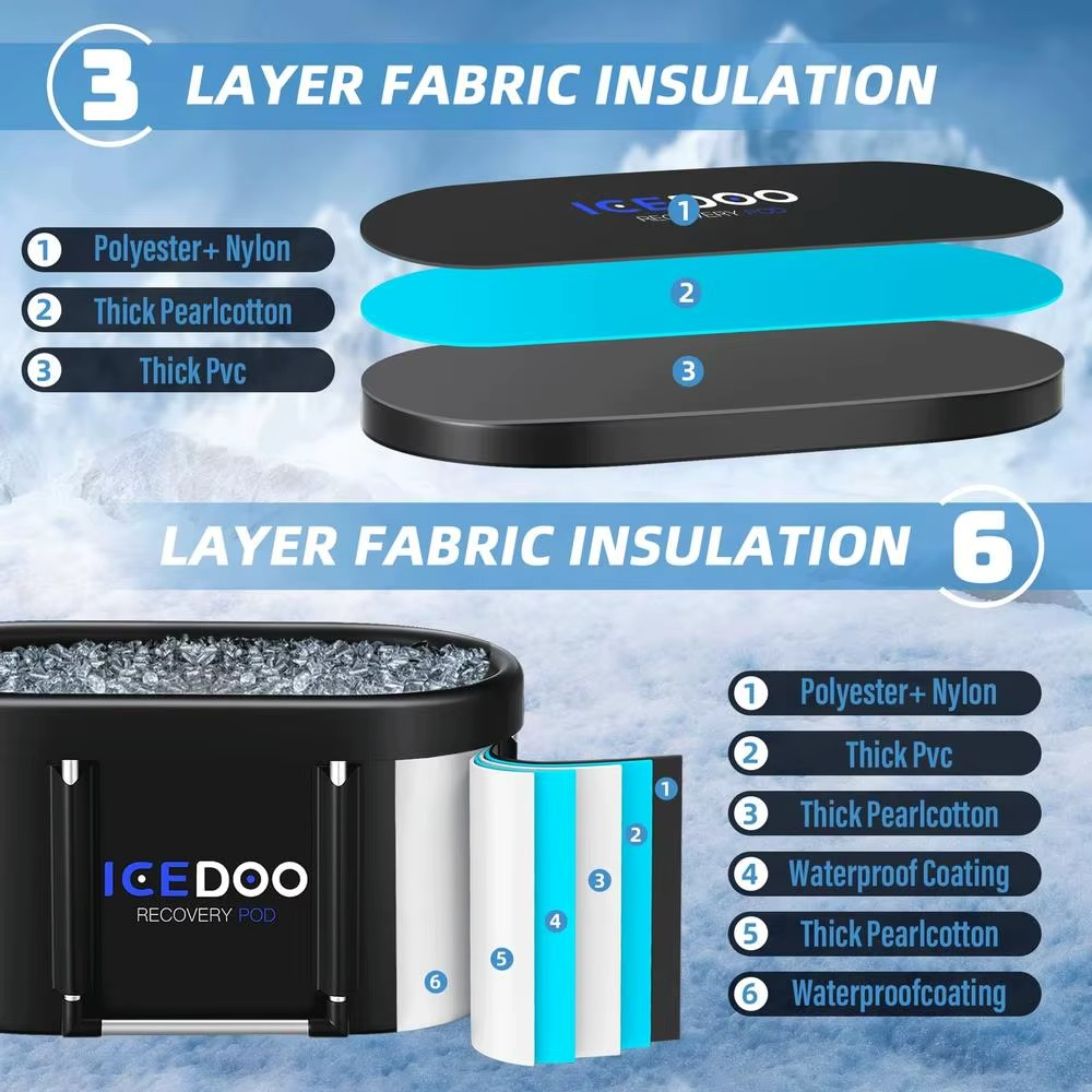 Large oval ice bath tub by Magazaw with three-layer fabric insulation for optimal cooling and recovery