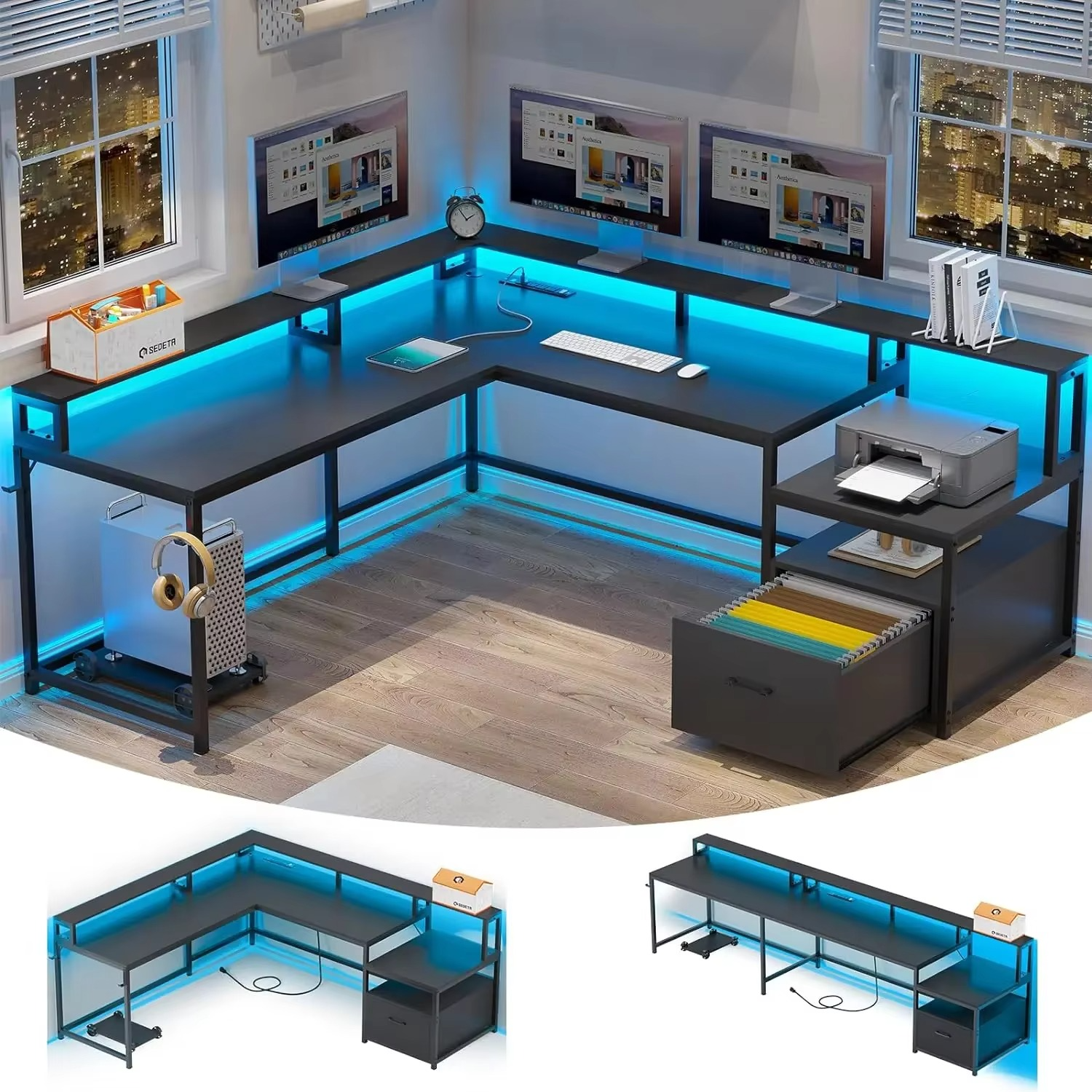 L-shaped office desk with LED lights featuring ample storage and modern design for efficient workspace