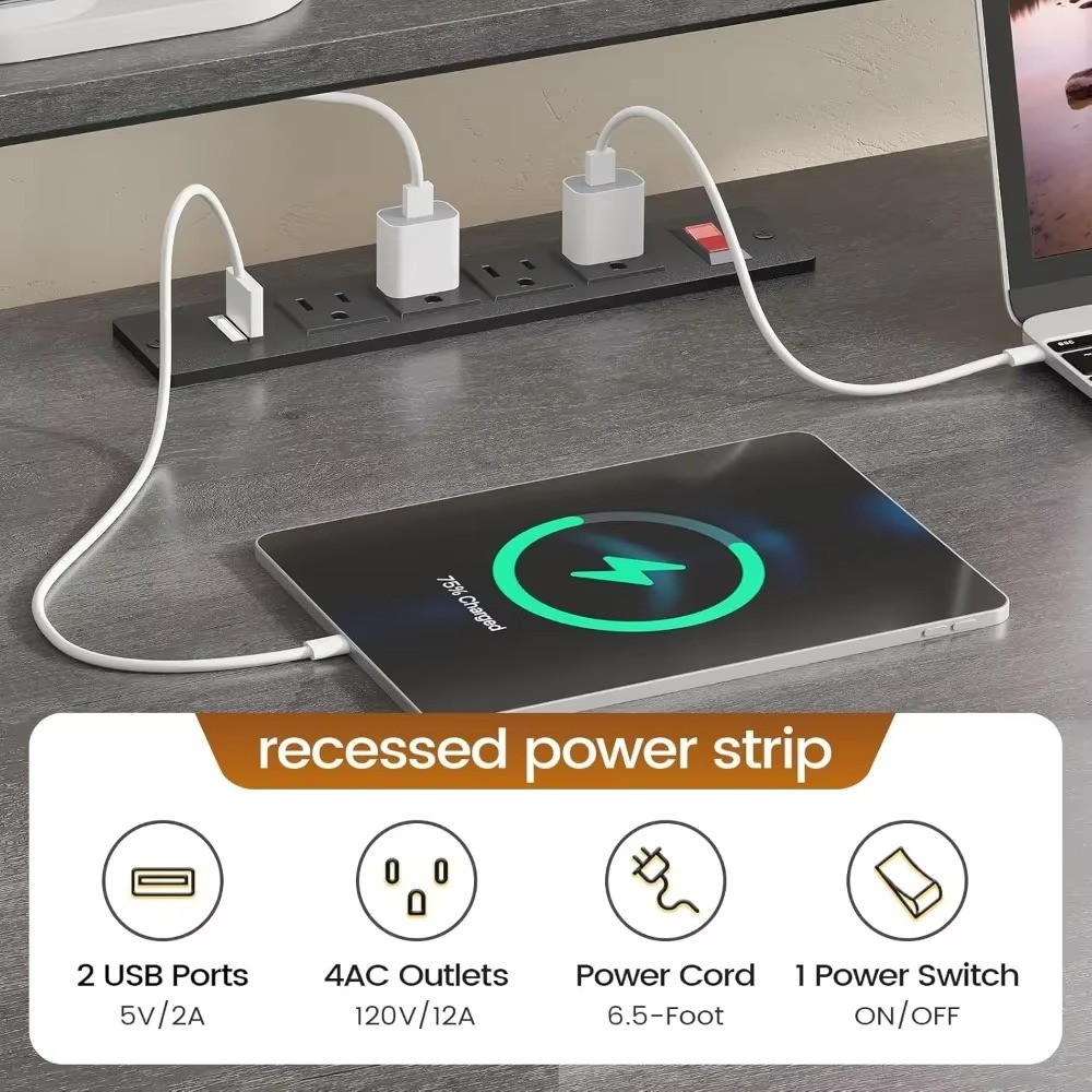 L-shaped office desk with LED lights featuring recessed power strip and USB ports for easy connectivity