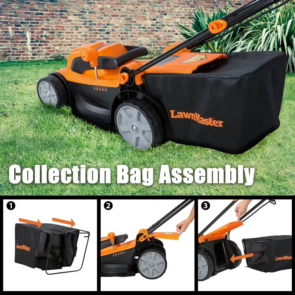 Magazaw electric lawn mower for small yards with collection bag assembly for easy grass clipping disposal