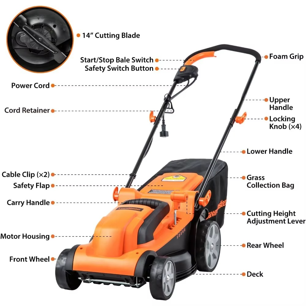 Magazaw electric lawn mower for small yards with 14 inch cutting blade and adjustable height settings