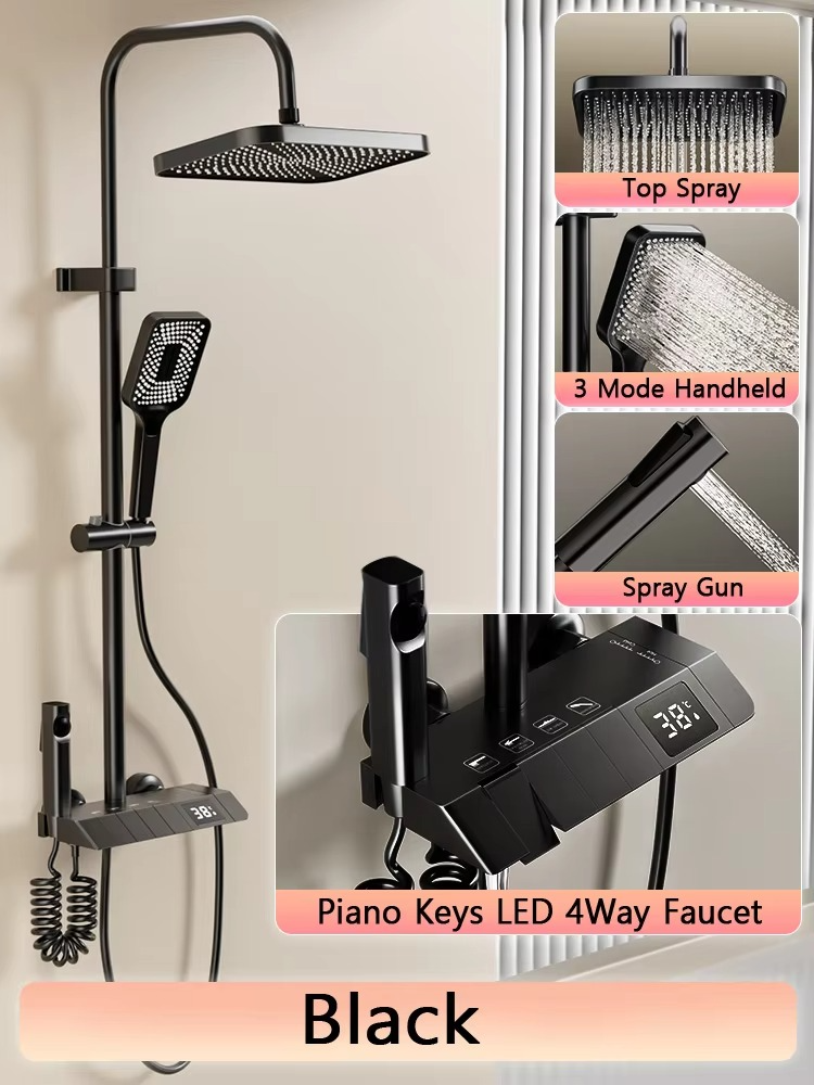 Magazaw LED rain shower set with top spray, handheld shower, and 4-way faucet in sleek black finish