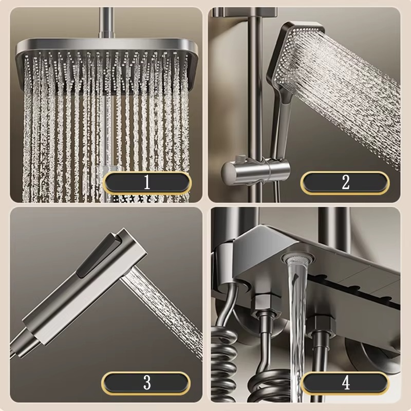 Magazaw LED rain shower set featuring multiple showerhead styles and modern design elements