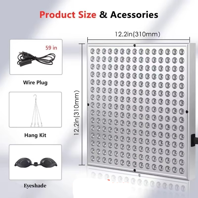Magazaw LED red light therapy panel with dimensions and included accessories for effective treatment
