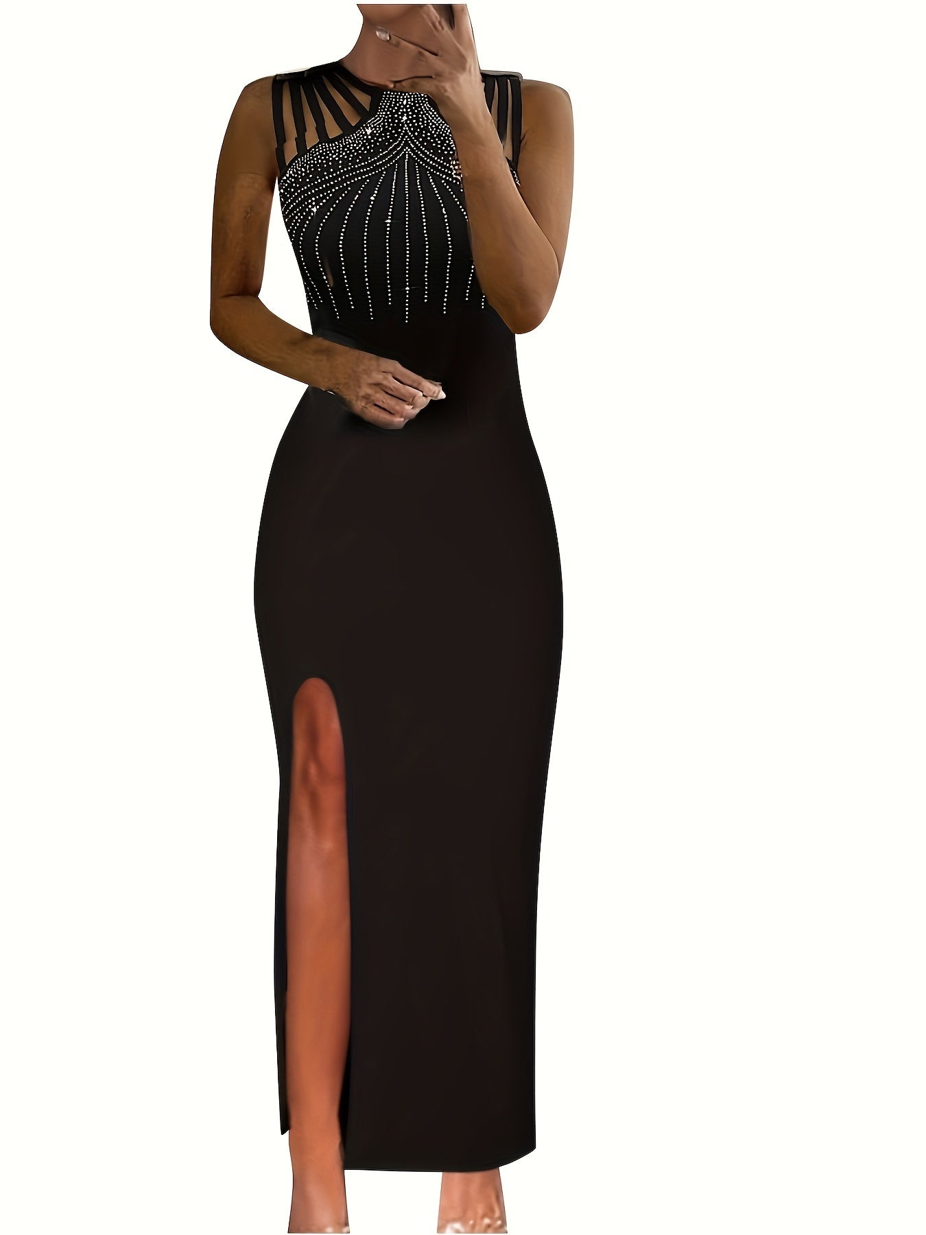 Voocci luxury evening dress in black with a high slit and embellished detailing for formal occasions