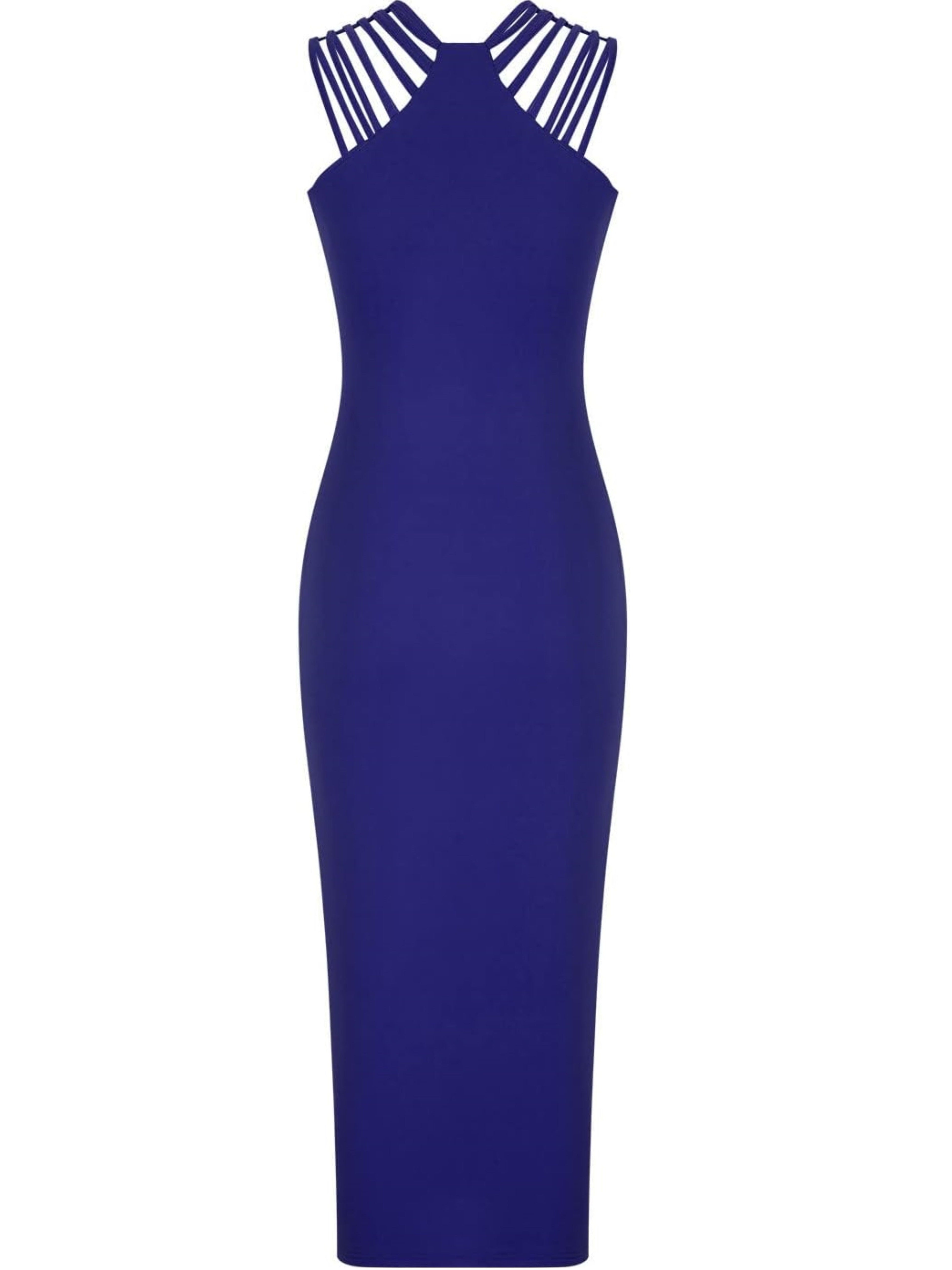 Voocci™ stylish luxury evening dress in blue with unique strappy design for elegant occasions