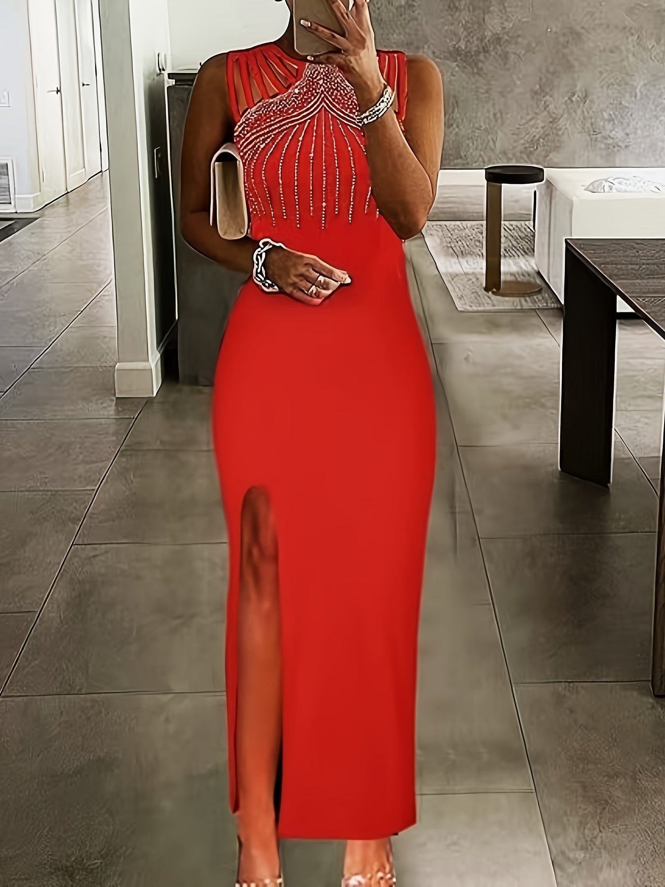 Voocci luxury evening dress in red with beaded detailing and thigh-high slit for elegant occasions