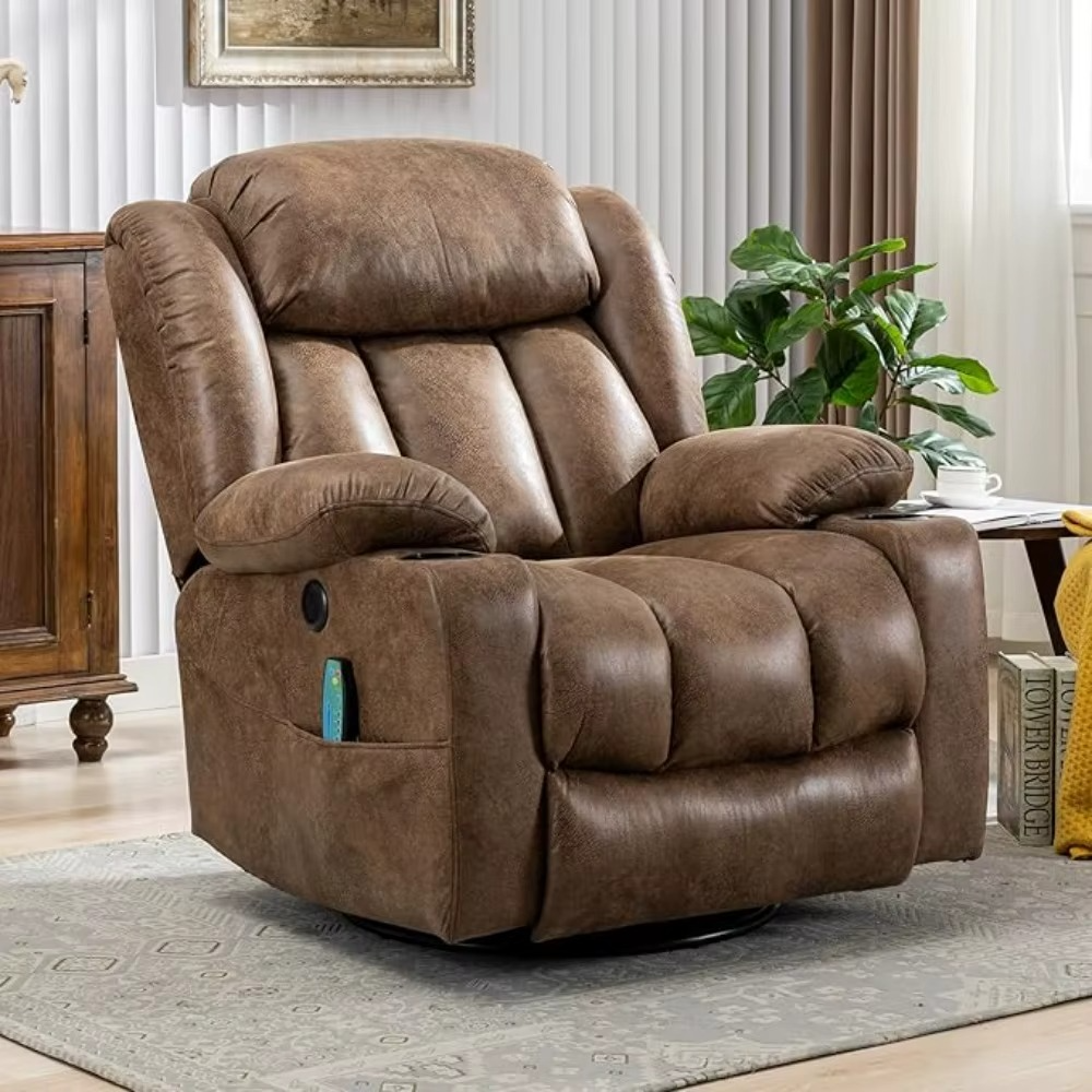 Comfortable Magazaw™ massage swivel rocker recliner in brown with plush cushioning and ergonomic design