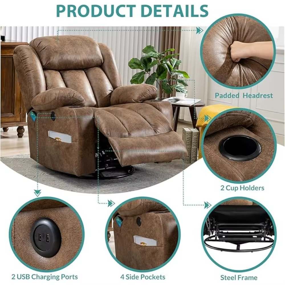 Magazaw massage swivel rocker recliner with padded headrest, USB ports, and cup holders for ultimate relaxation