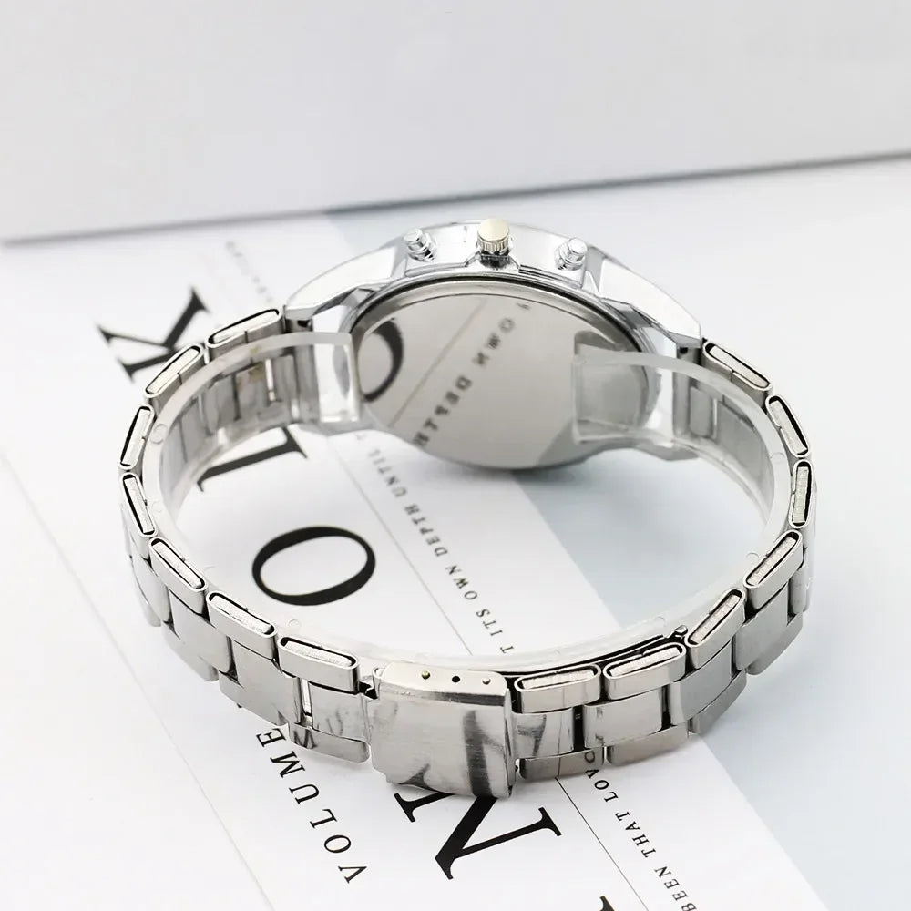 Voocci™ stainless steel quartz watch with a sleek metallic bracelet view from the back