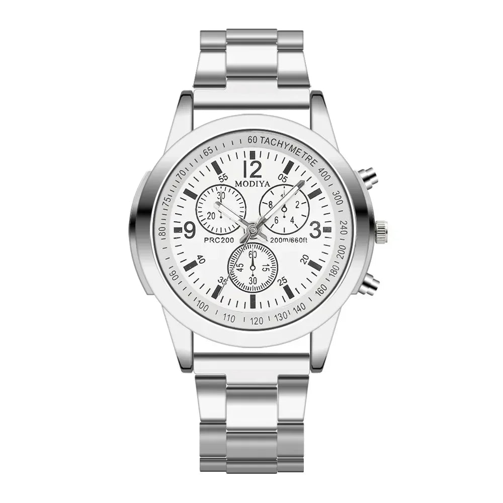 Voocci stainless steel quartz watch with a white dial and chronograph design for stylish wear