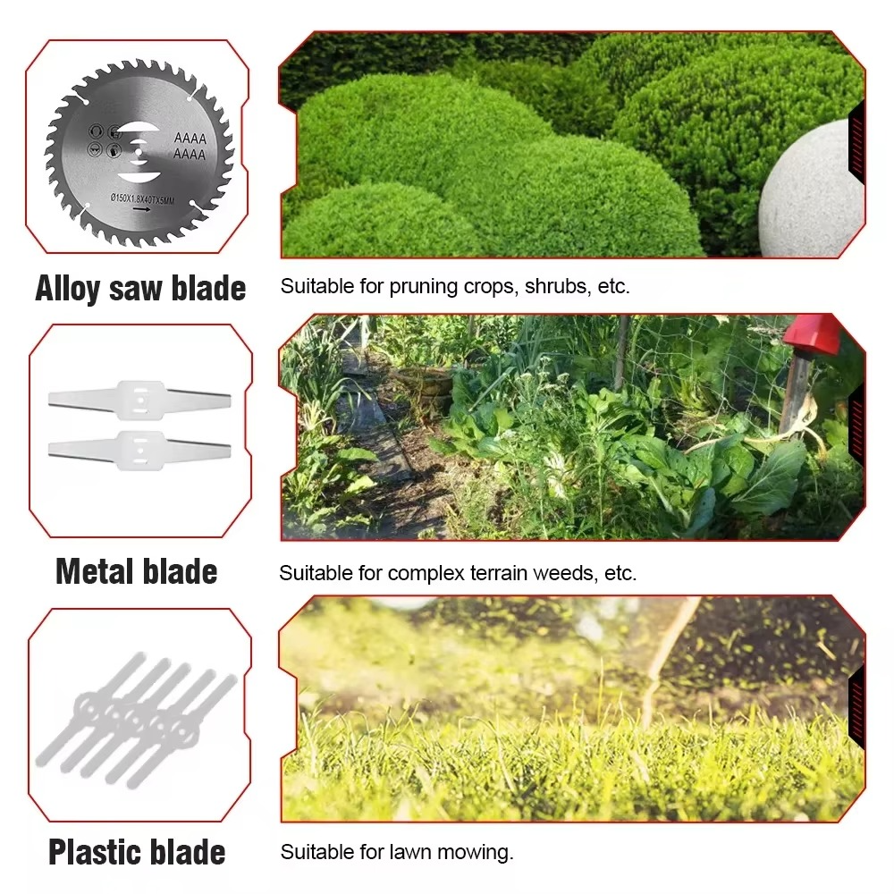 Magazaw cordless electric grass trimmer with various blade options for effective gardening tasks