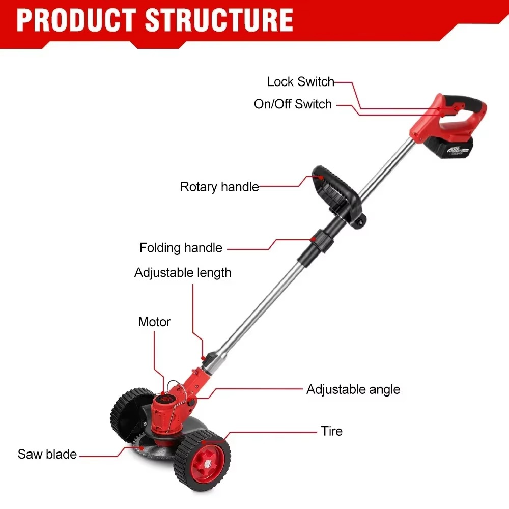Magazaw cordless electric grass trimmer showcasing product structure with adjustable angles and folding handle