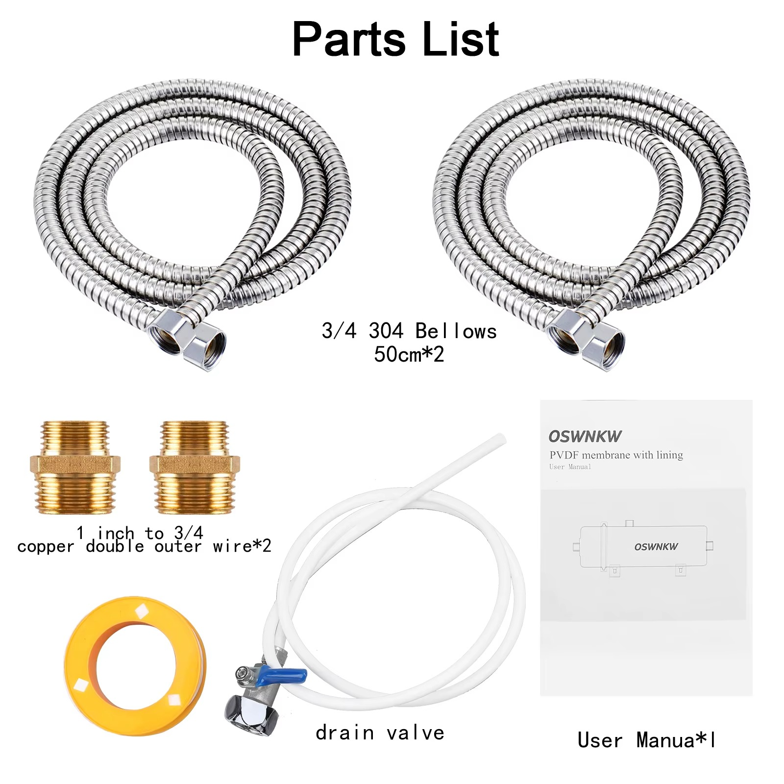 Parts list for whole house water purifier including hoses, connectors, and drain valve