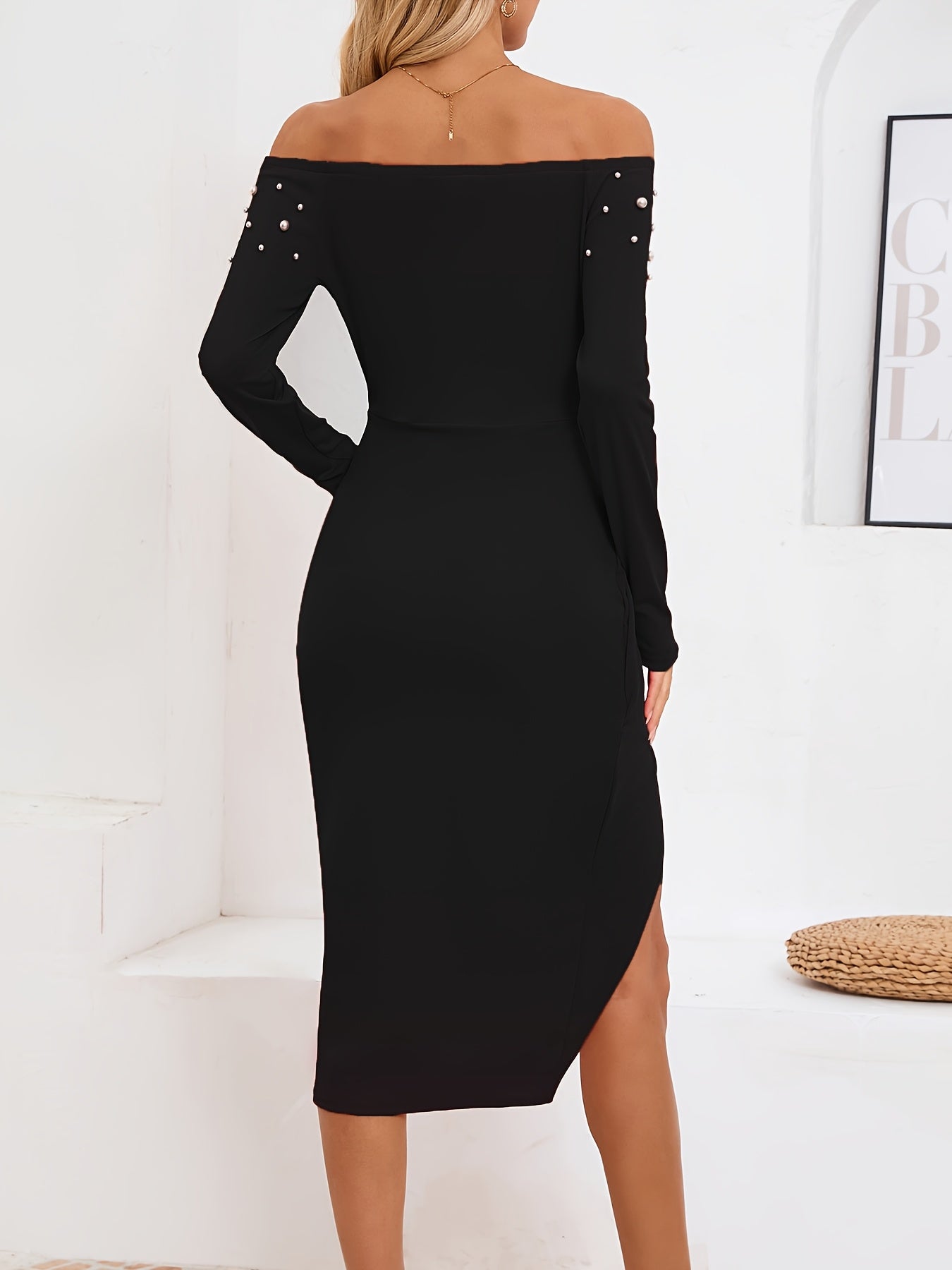 Voocci™ Pearl embellished one-shoulder dress in black with a stylish slit and shoulder detailing