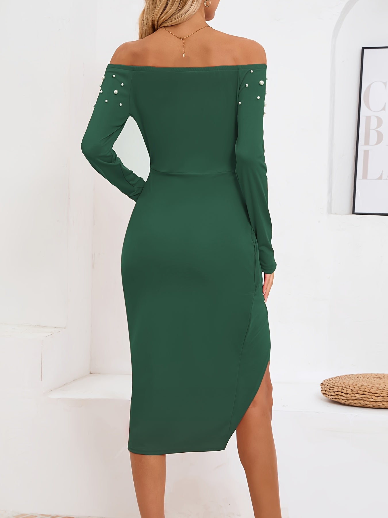 Voocci™ pearl embellished one-shoulder dress in green with stylish sleeve detailing and side slit