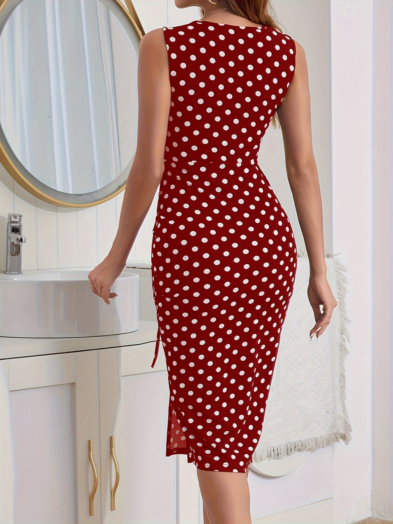 Voocci polka dot drawstring dress in red with a fitted silhouette and side ties for a stylish look