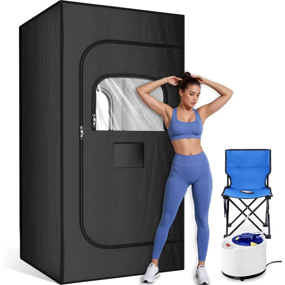 Magazaw portable home sauna with a user in workout attire and a portable chair for relaxation