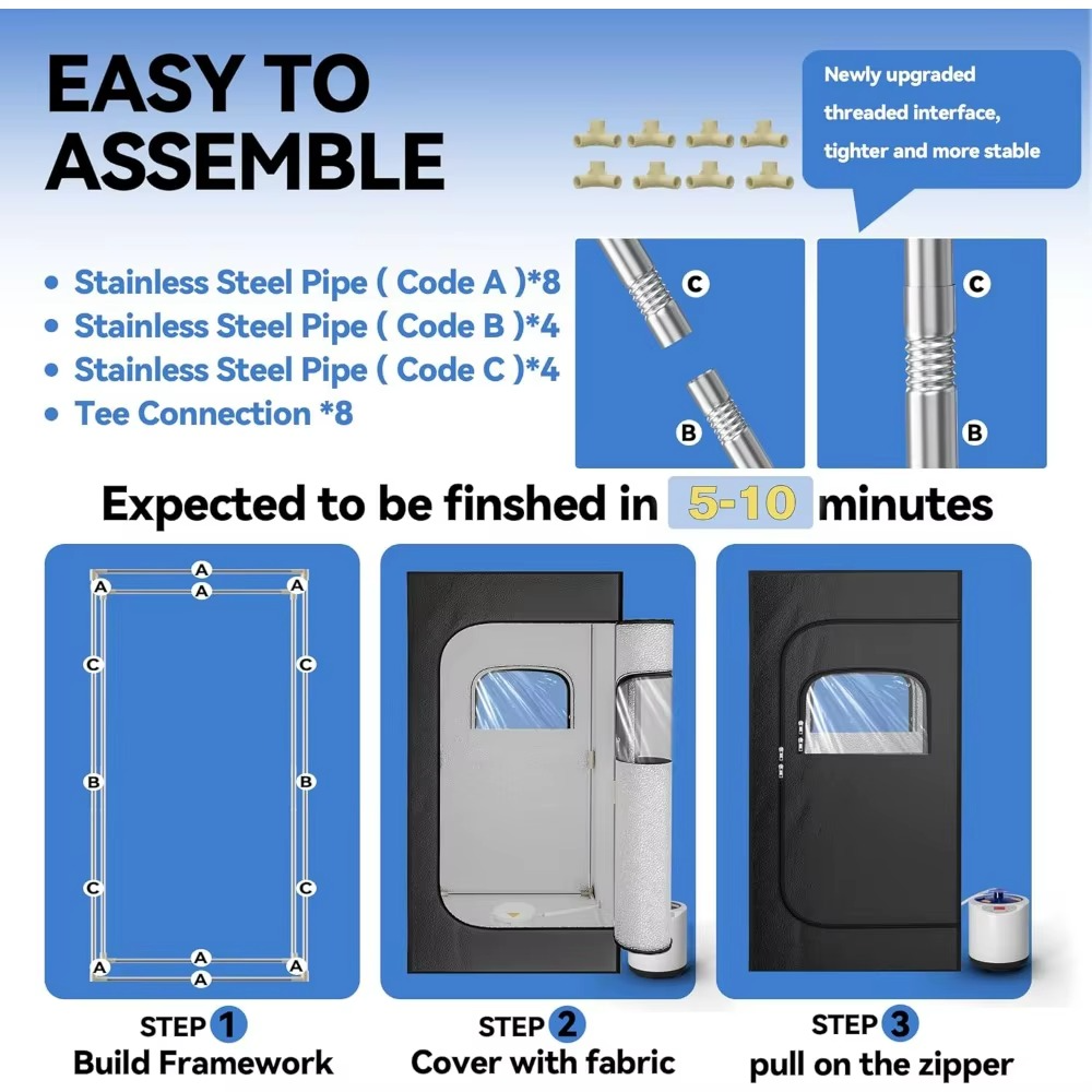 Assembly guide for Magazaw portable home sauna with stainless steel pipes and fabric cover