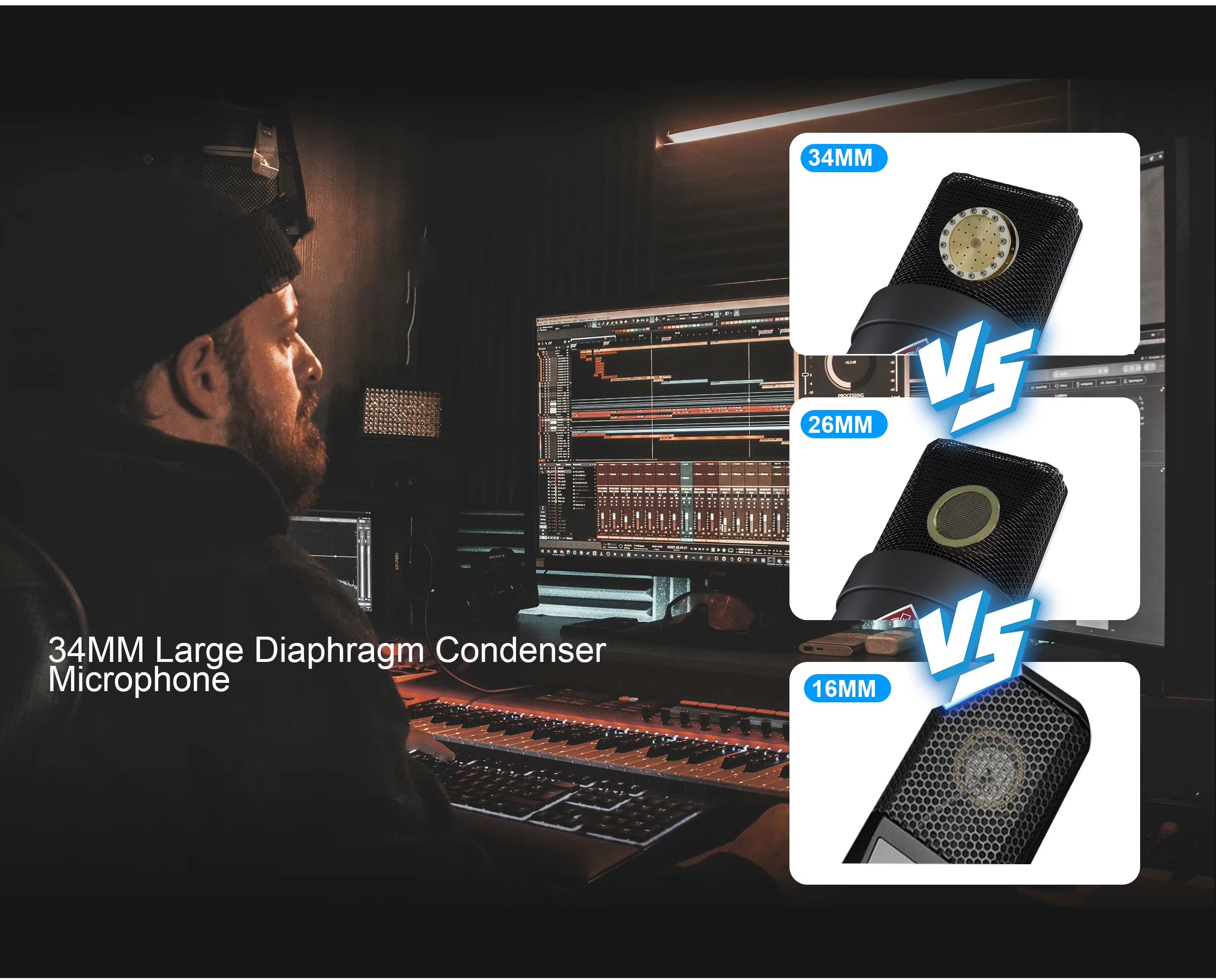 Close-up of a professional studio condenser microphone compared to smaller models for sound quality insights