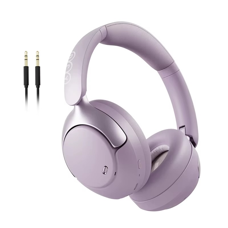 QCY H3 Pro ANC headphones in lavender color with a detachable audio cable for superior sound quality