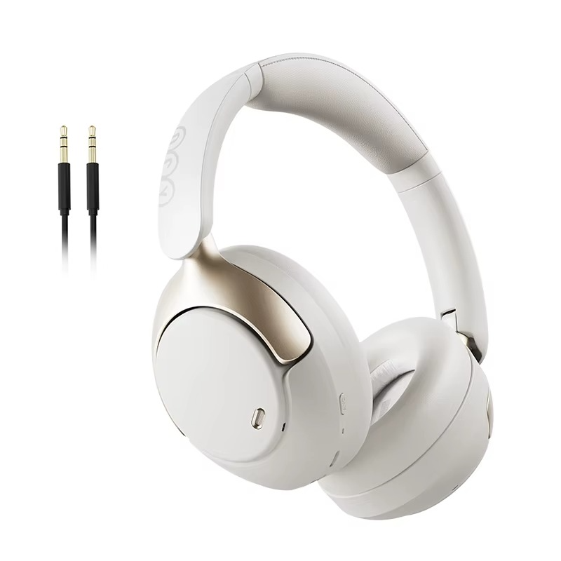 QCY H3 Pro ANC headphones in white with a detachable audio cable for enhanced audio experience