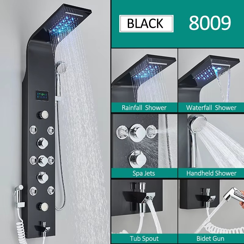 Magazaw rainfall massage shower system with LED display and multiple functions including spa jets and handheld shower