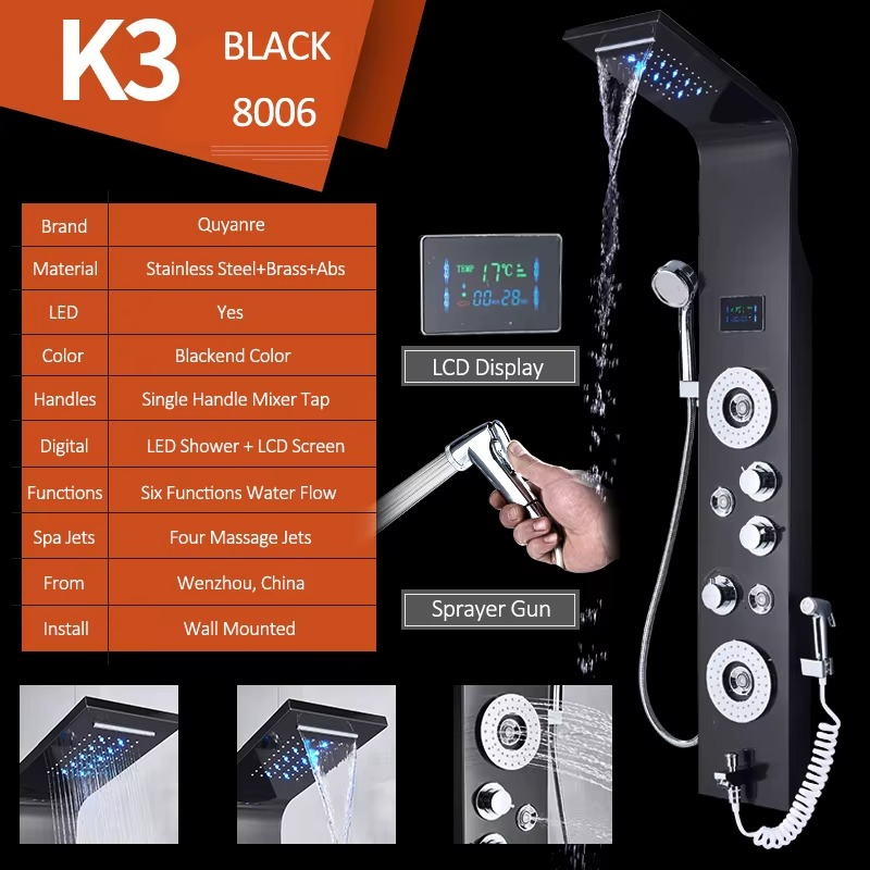 Magazaw™ K3 Black Rainfall Massage Shower System with LED Display and Multiple Functions
