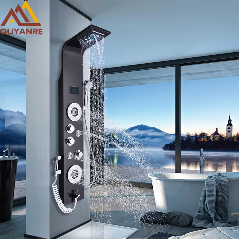 Magazaw rainfall massage shower system with sleek design and multiple spray options in modern bathroom setting