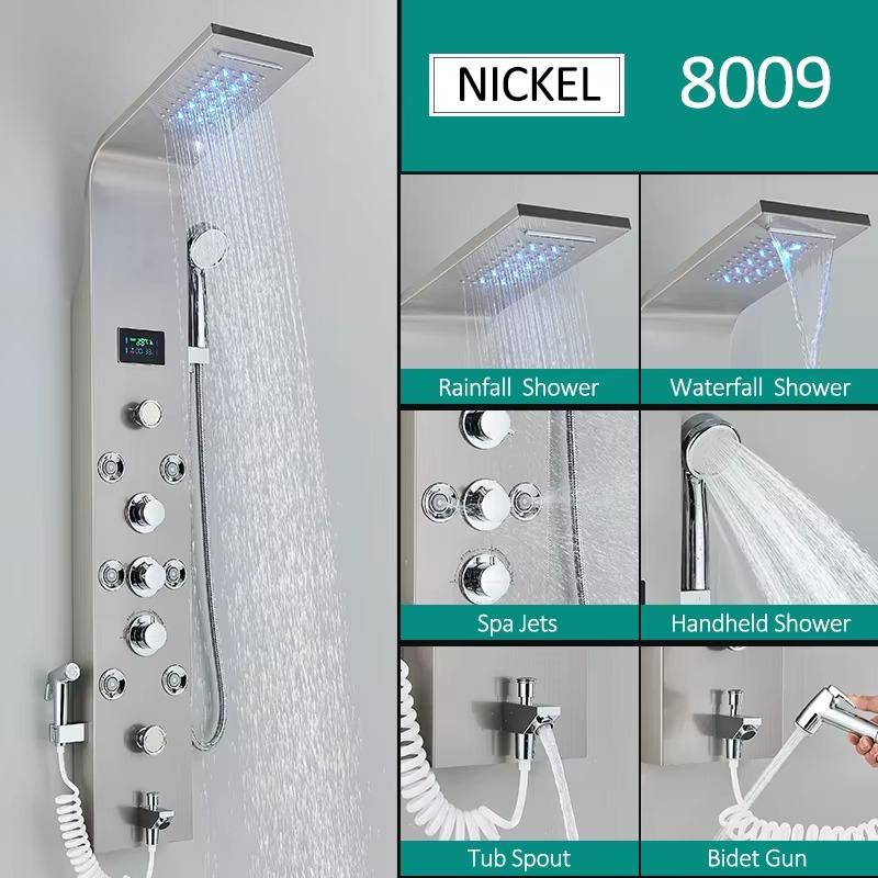 Magazaw rainfall massage shower system with multiple settings and sleek nickel finish for spa-like experience