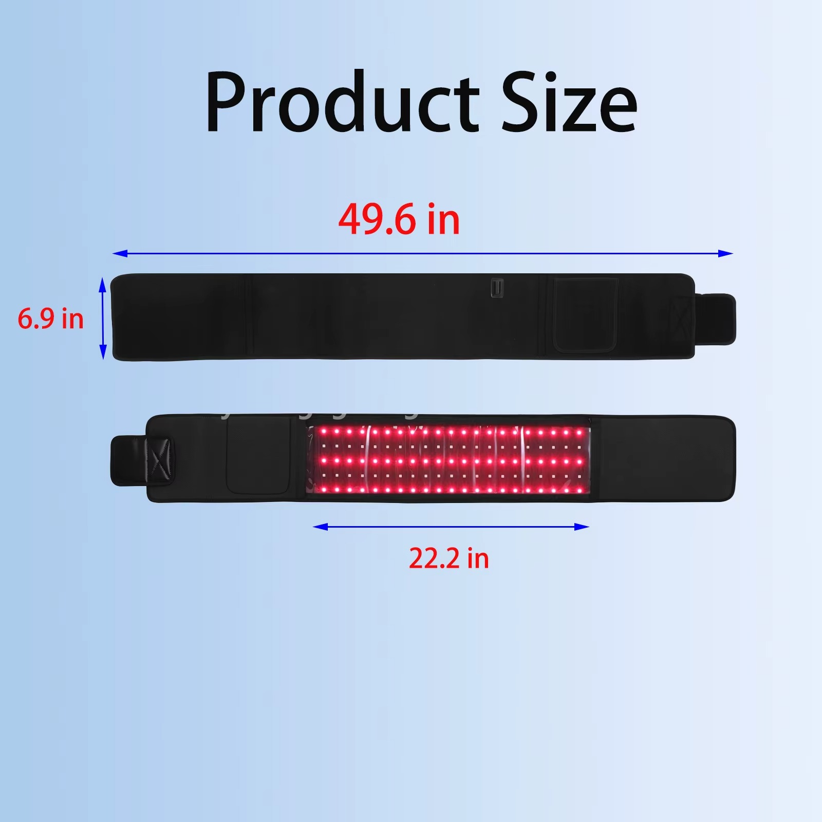 Magazaw red light therapy belt shown with dimensions of 49.6 inches by 6.9 inches for effective treatment