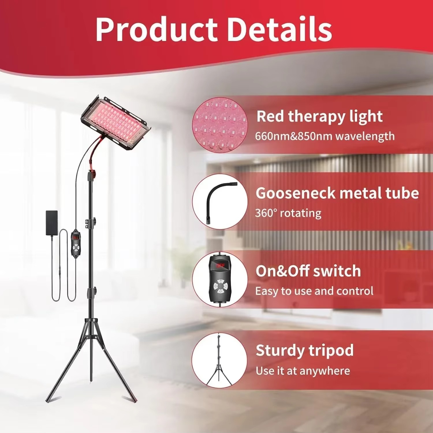 Magazaw red light therapy lamp with 660nm and 850nm wavelengths, adjustable gooseneck and sturdy tripod