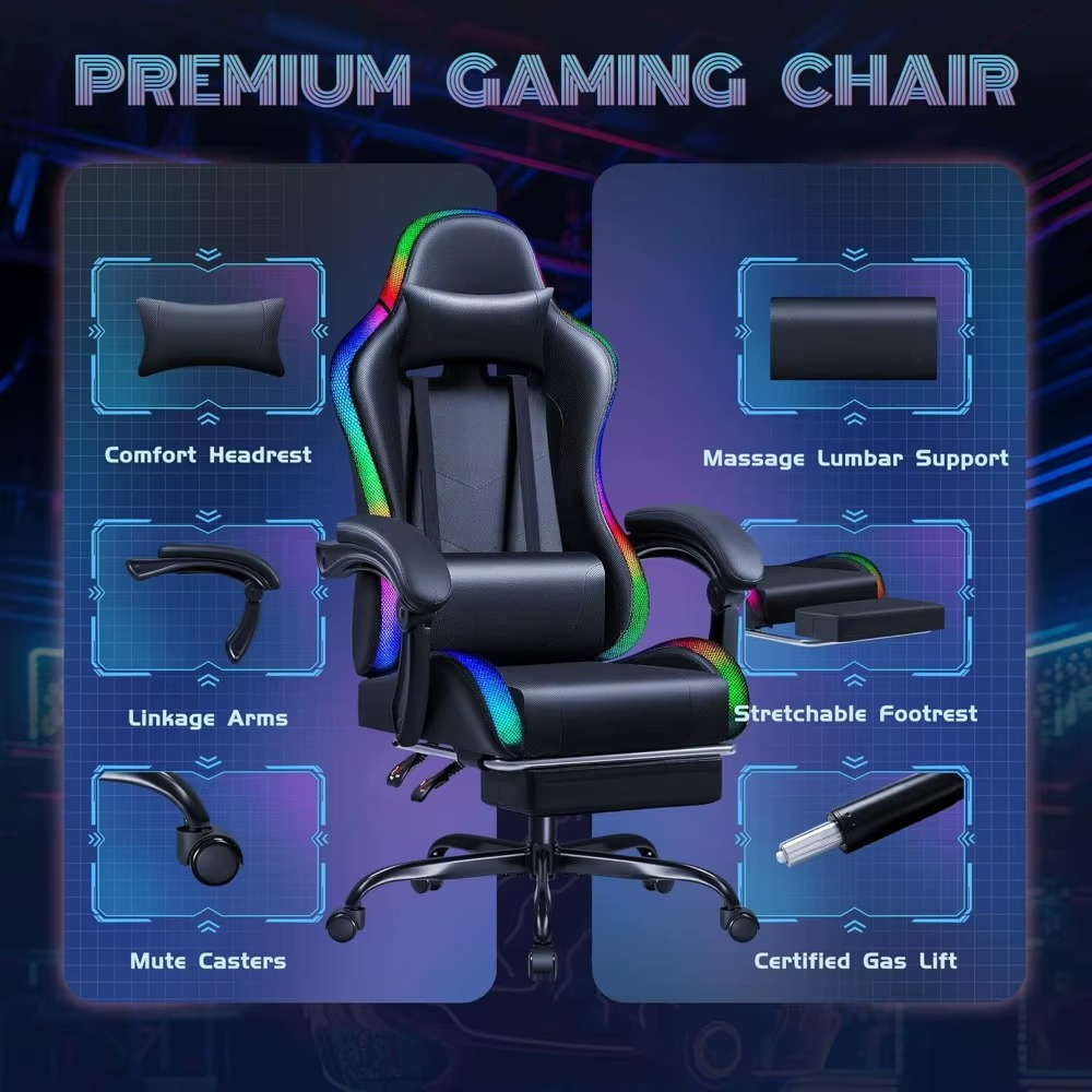 Magazaw RGB gaming chair with lights featuring adjustable headrest, lumbar support, and a footrest