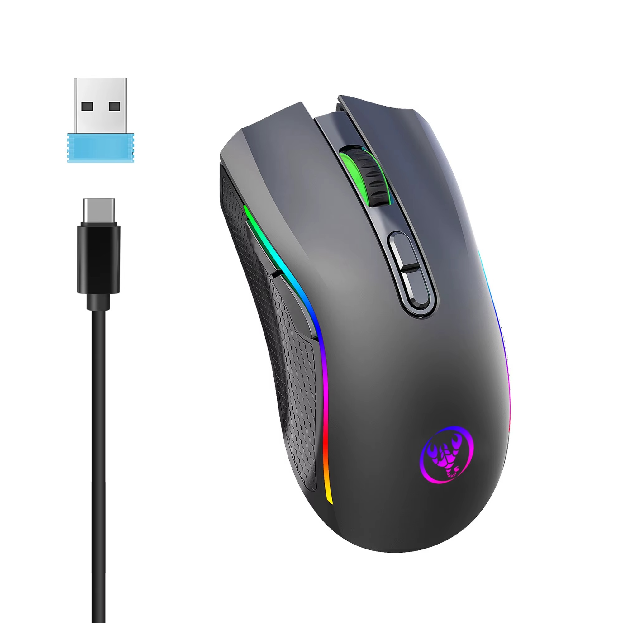 Magazaw Rechargeable RGB gaming mouse with customizable lighting and USB-C cable