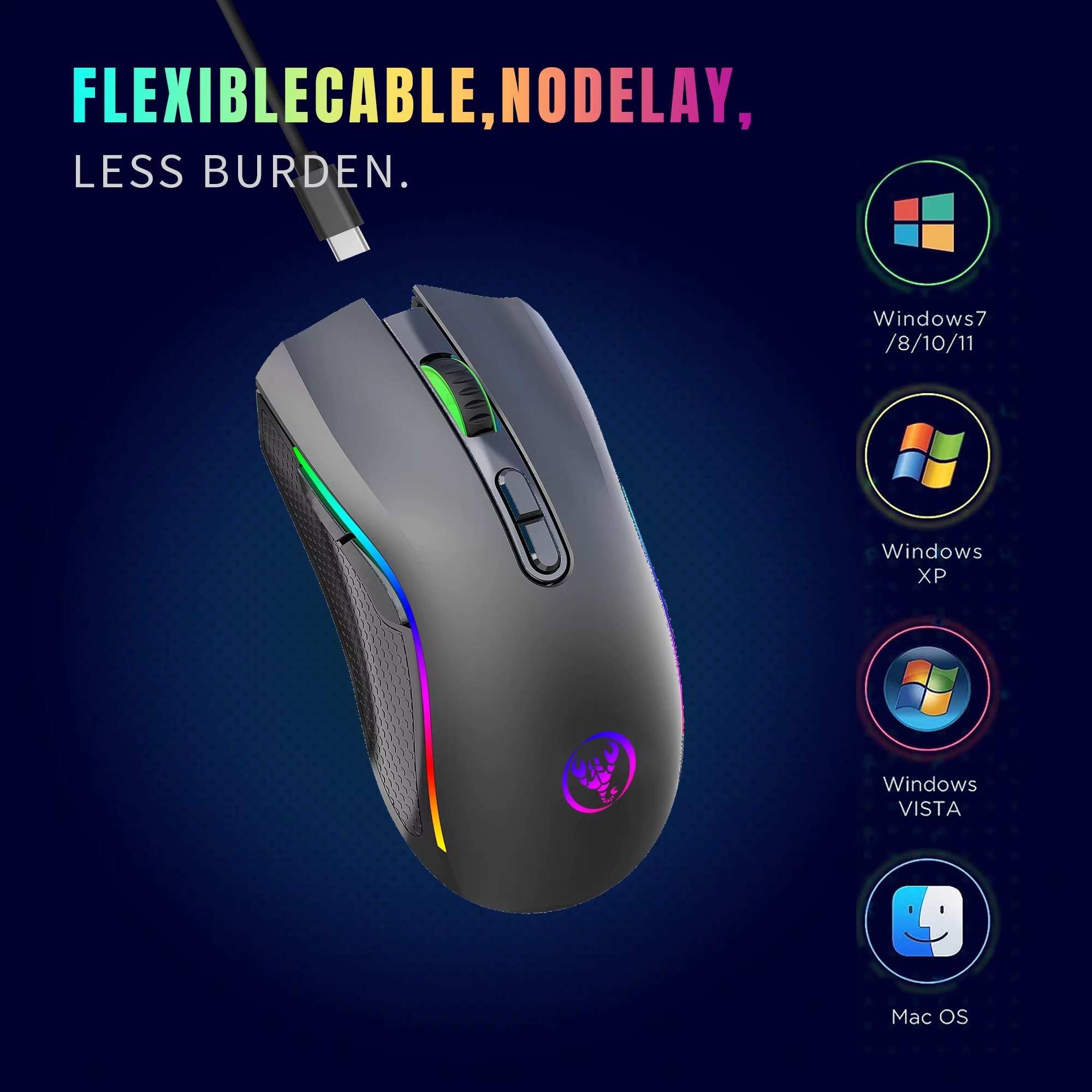Magazaw Rechargeable RGB gaming mouse with flexible cable and compatibility for multiple operating systems