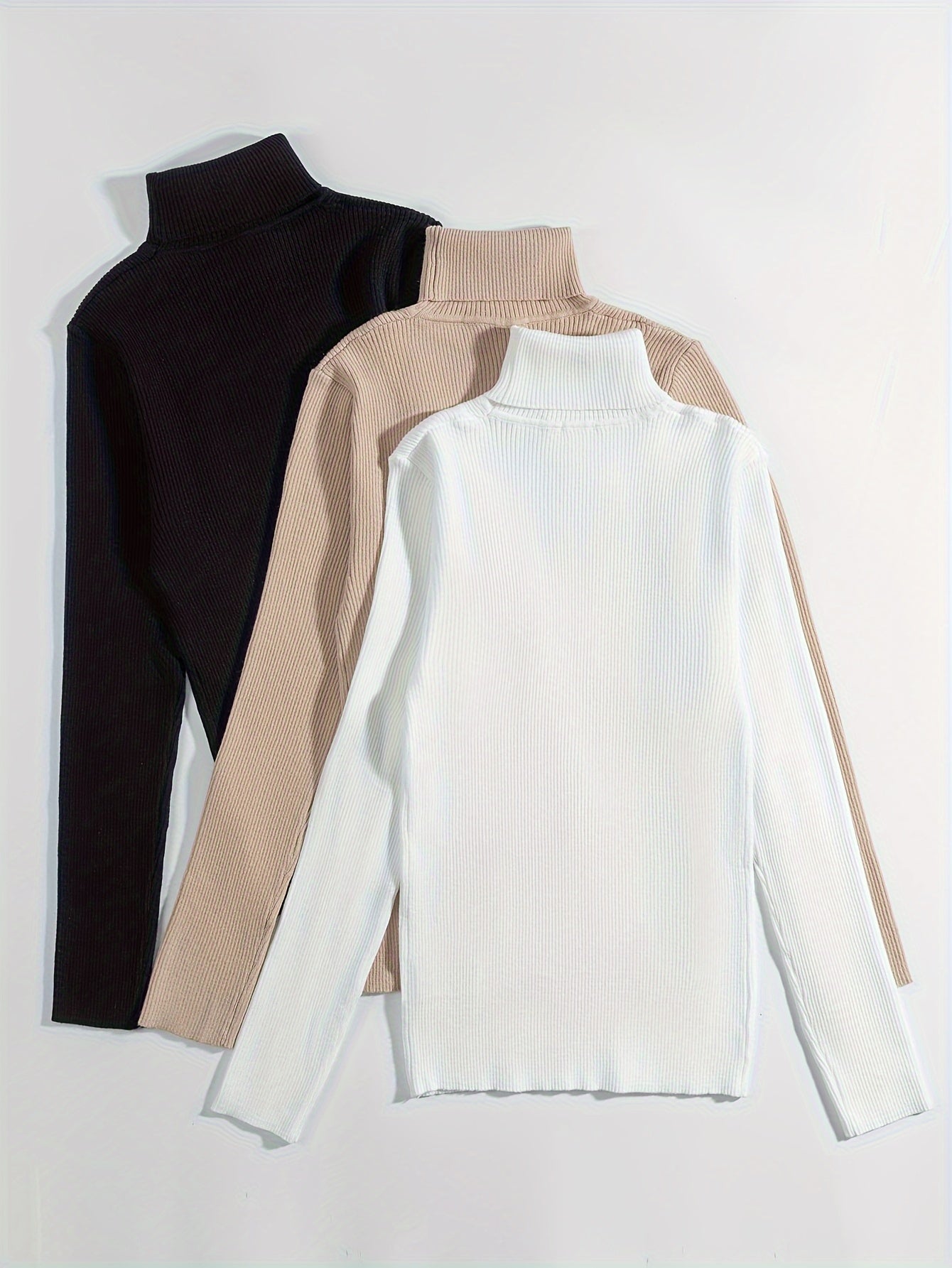 Set of Voocci slim fit turtleneck tee in black, beige, and white for versatile styling options