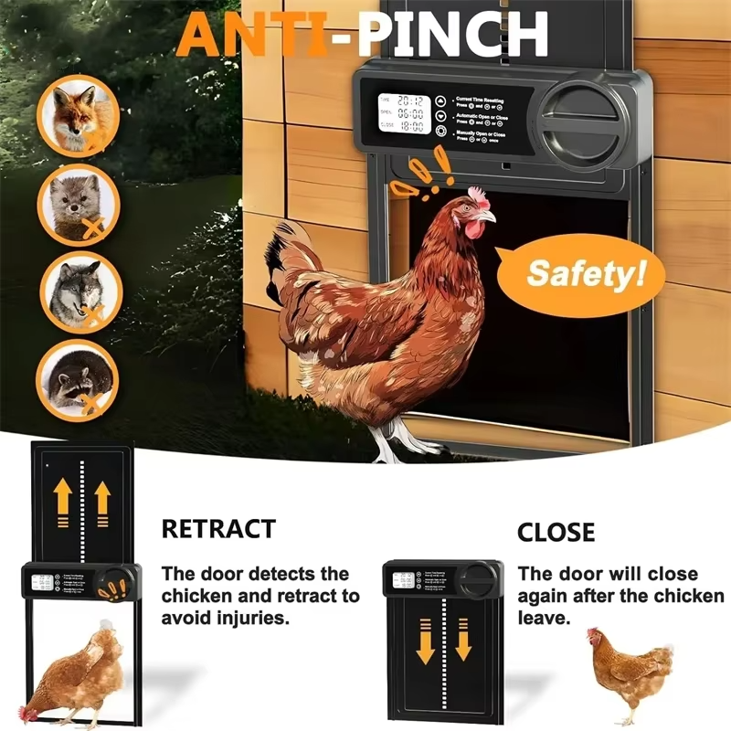 Magazaw smart chicken coop door opener with anti-pinch safety features and automatic closing mechanism
