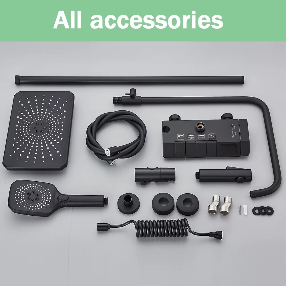 All accessories for Magazaw smart digital shower faucet in sleek black design, including showerhead and mounting parts